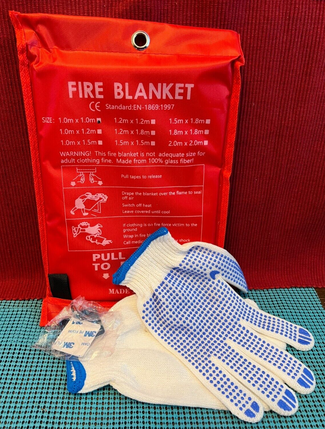 TWO (2) Emergency Fire Blankets with Hooks and Gloves ( 39″ X 39″ / 1m x 1m )