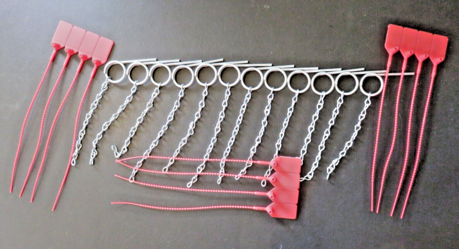 🔥🧯12-FIRE EXTINGUISHER LOCK SAFETY PULL PINS W/CHAINS & 12-FLAG SEALS FITS ALL