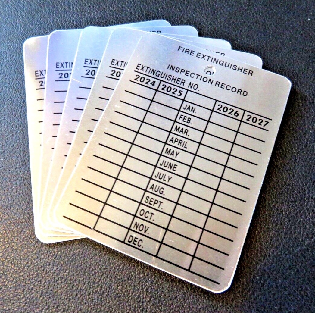 (TEN) METAL FIRE EXTINGUISHER 4-YEAR INSPECTION TAGS…2024-2025-2026-2027