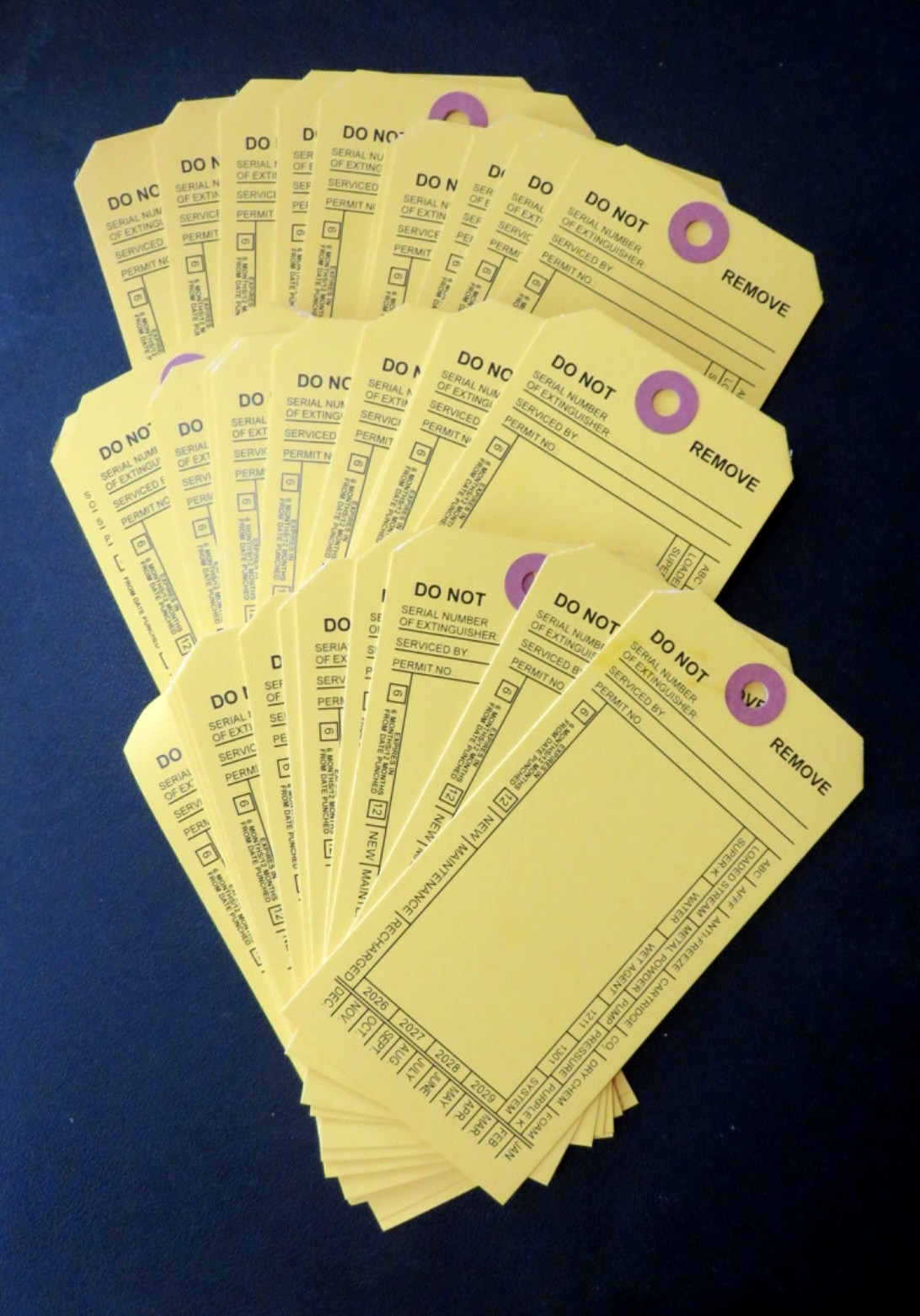 100-FIRE EXTINGUISHER 4-YEAR 2024-2027 INSPECTION Double Sided Tags 5 1/4 X 2 ½