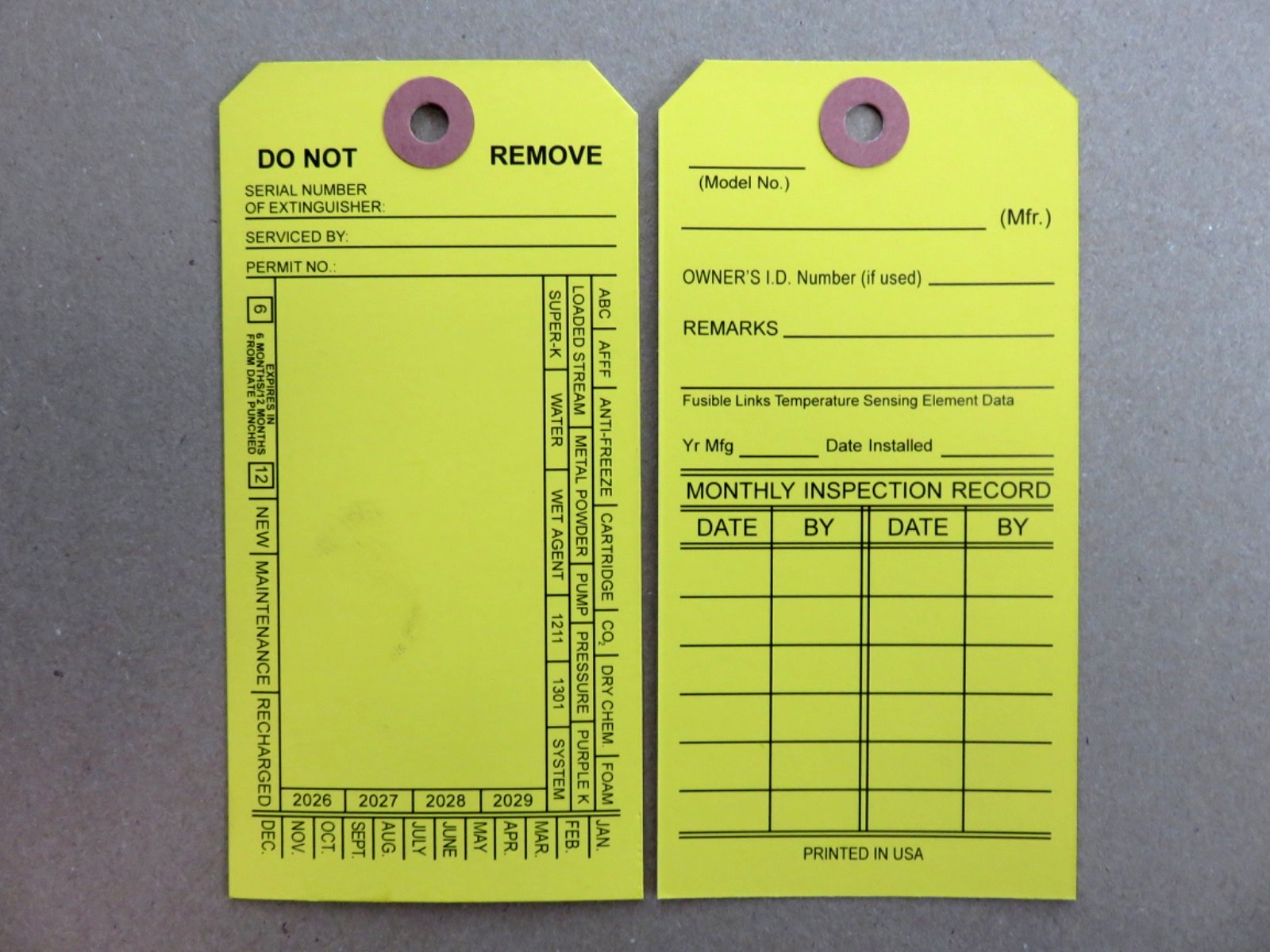 100-FIRE EXTINGUISHER 4-YEAR 2024-2027 INSPECTION Double Sided Tags 5 1/4 X 2 ½