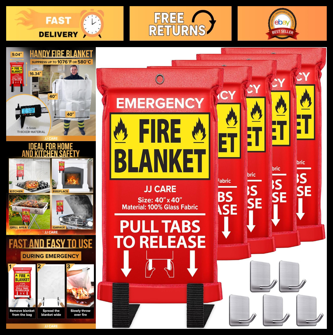 Emergency Fire Blanket 5 Pack – 40″x40″ Heat Resistant Safety Blankets for Home,