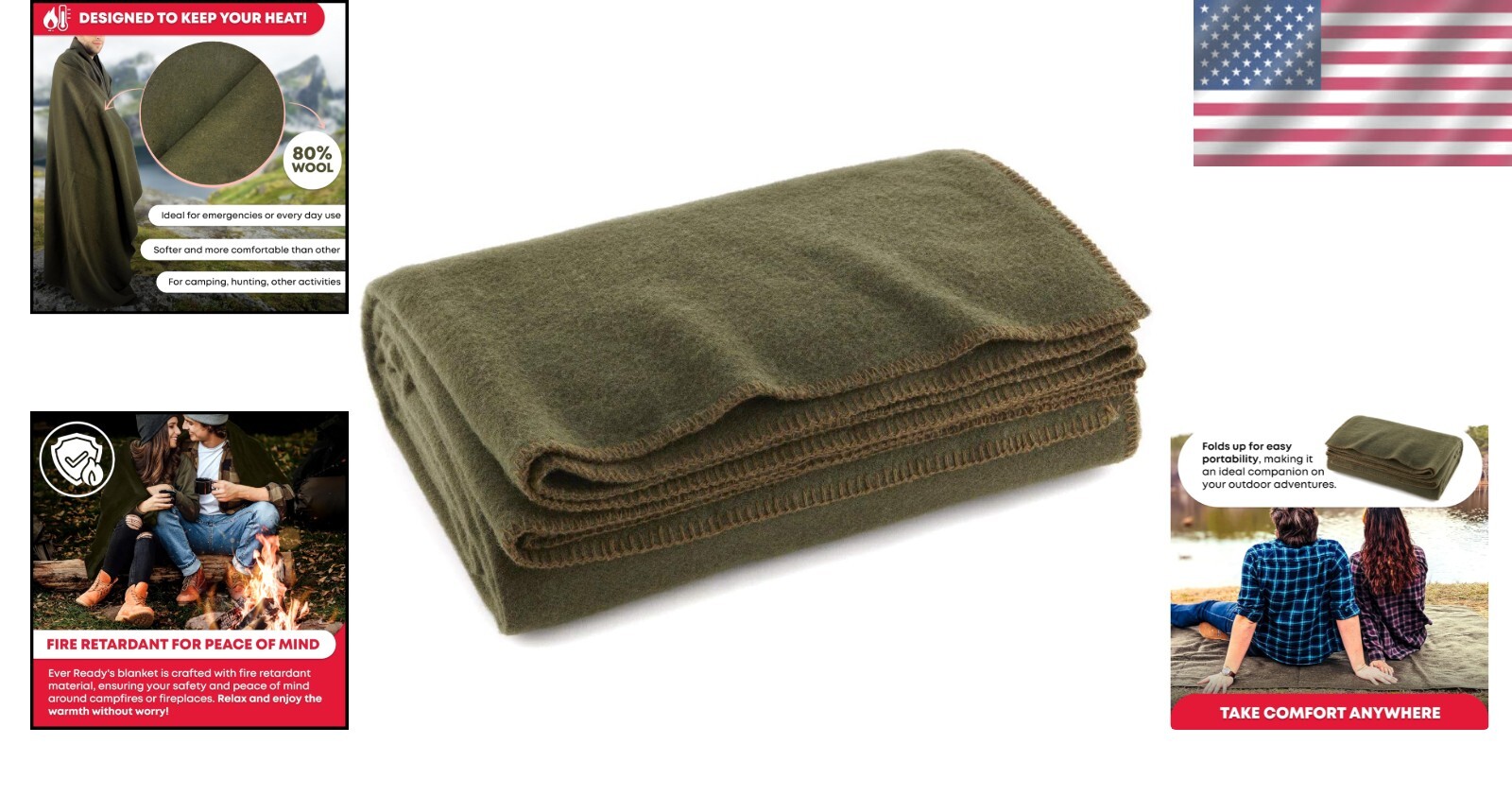 Military-Style Wool Blanket – 66″ x 90″ Fire Retardant for Camping Comfort