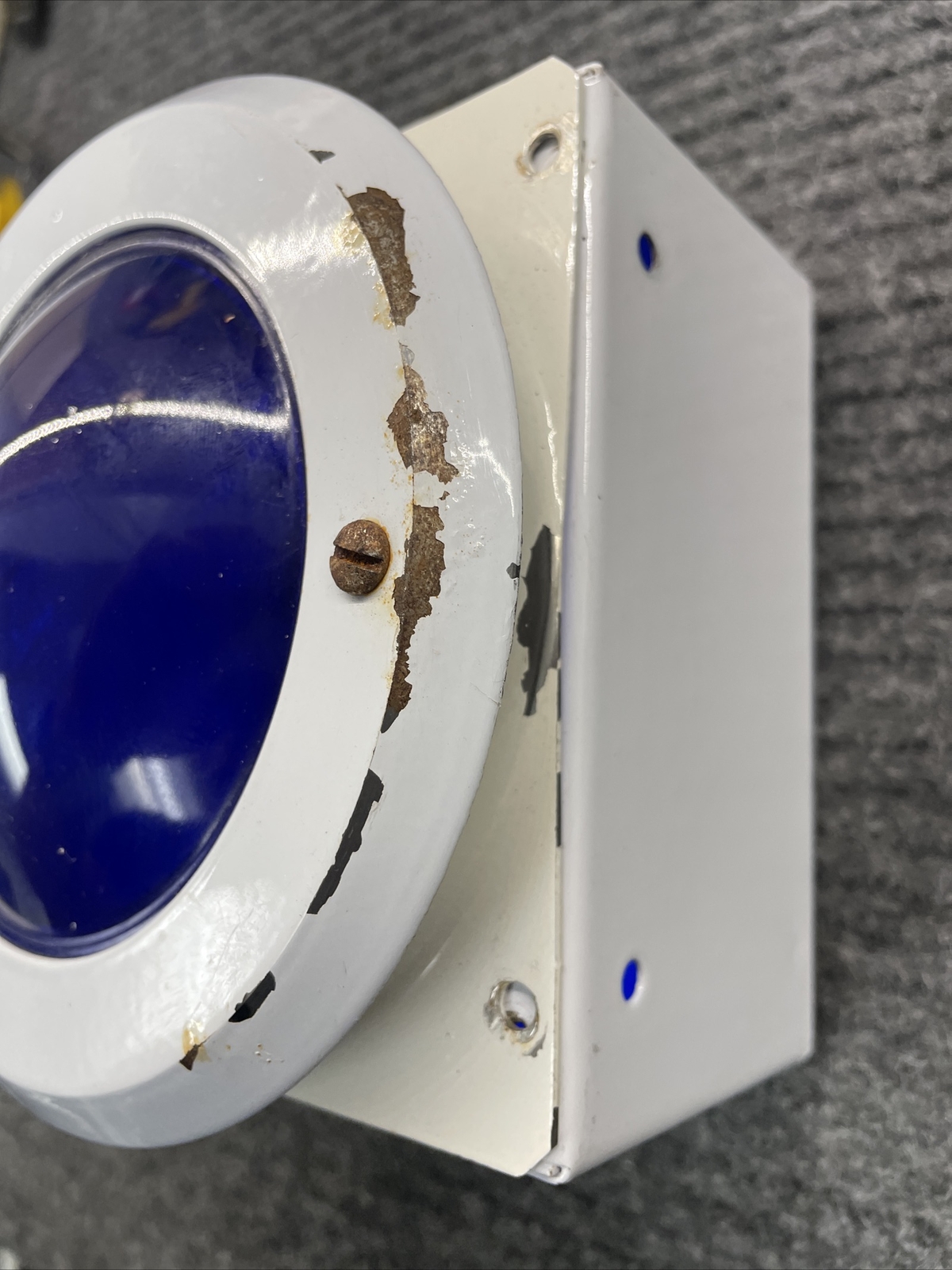 Blue Wall Recessed Fire Alarm Light Above Fire Extinguisher Vintage Retro Cole