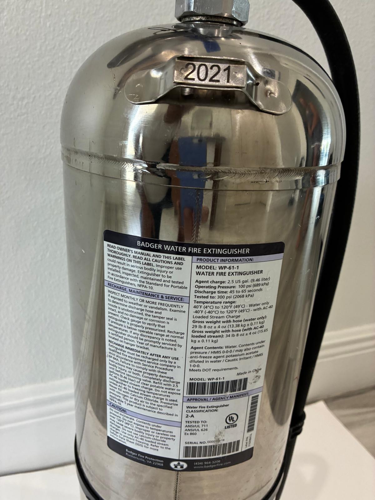 Badger WP-61-1 2.5 Gallons Class 2-A Water Fire Extinguisher