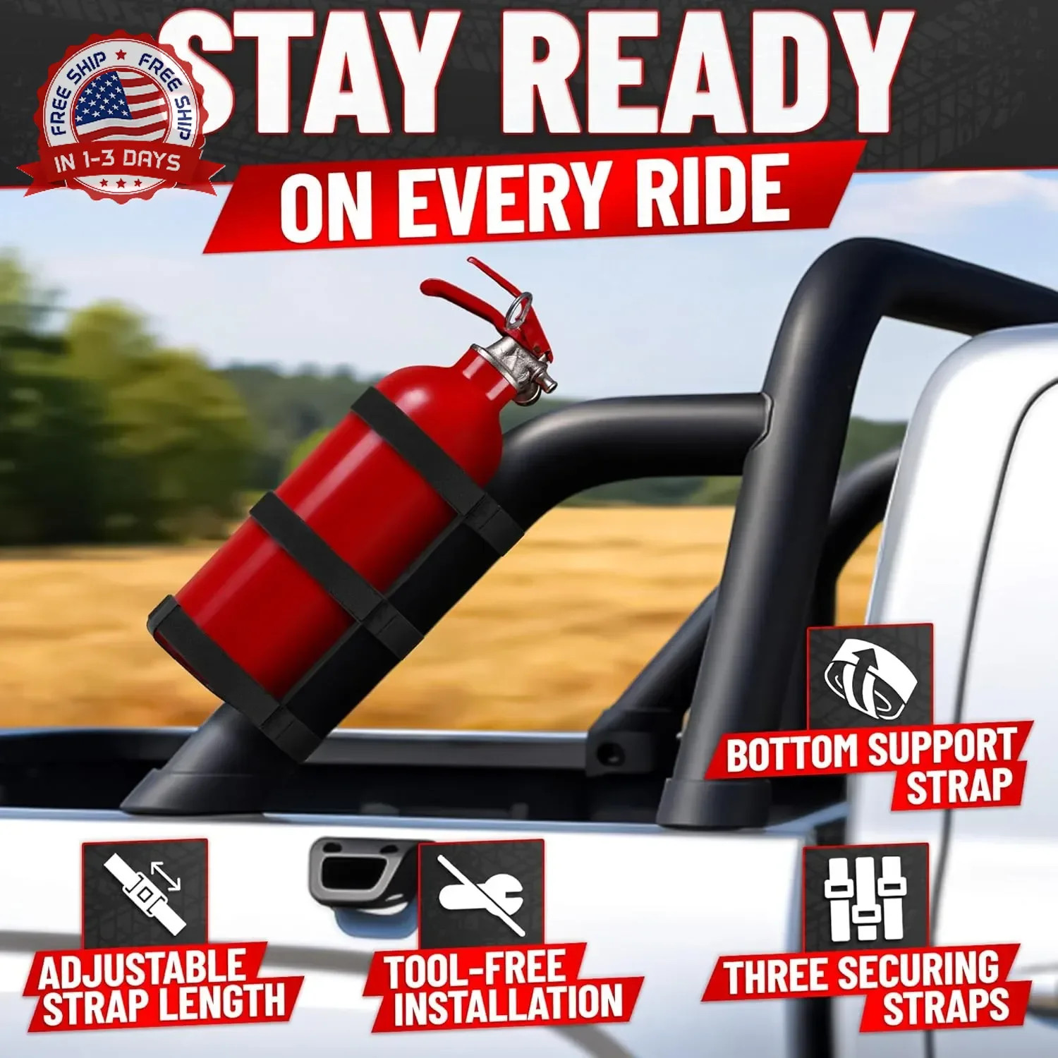 Fire Extinguisher Mount for Vehicle – Adjustable Nylon Strap Fix, No-Drill, Roll