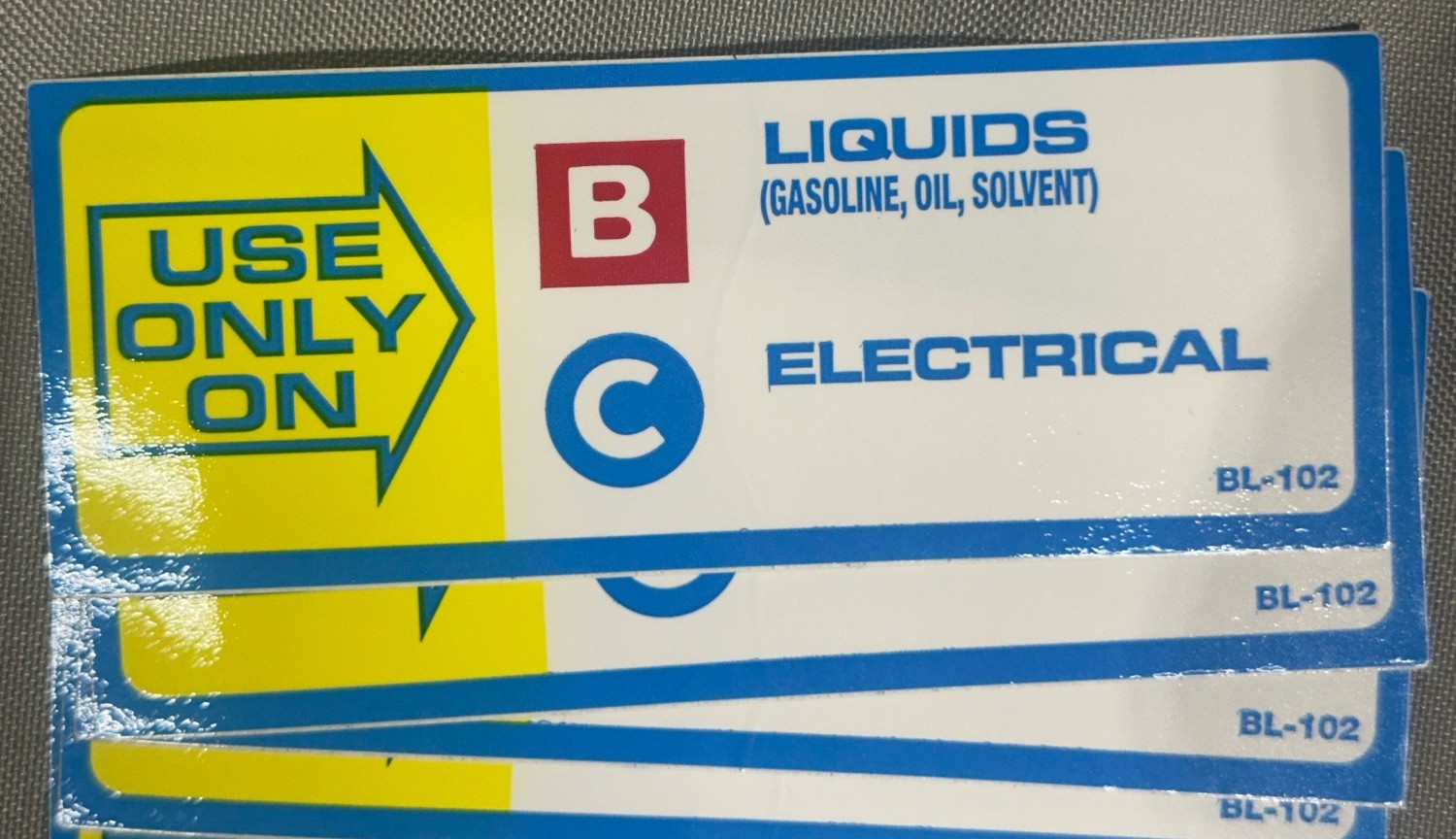 NOS Lot Of Fire Extinguisher Labels. 10 – BL102 & 1 – BL208