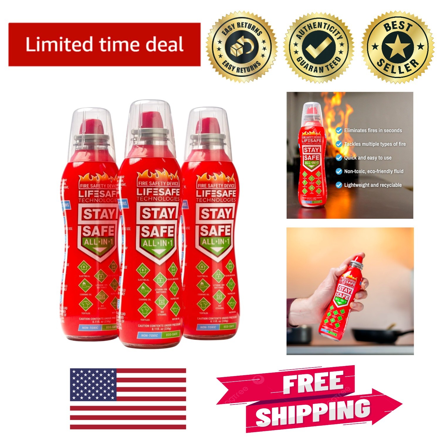 StaySafe All-in-1 Eco-Friendly Fire Extinguishing Spray – 3 Pack for Home Safety