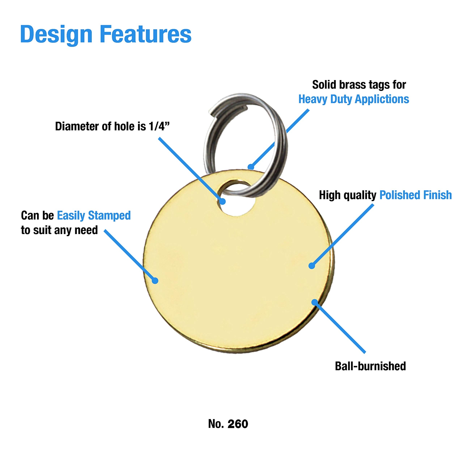 Solid Brass Round Tag One Hole And 11/4 Inch Diameter 100 Per Box 26012