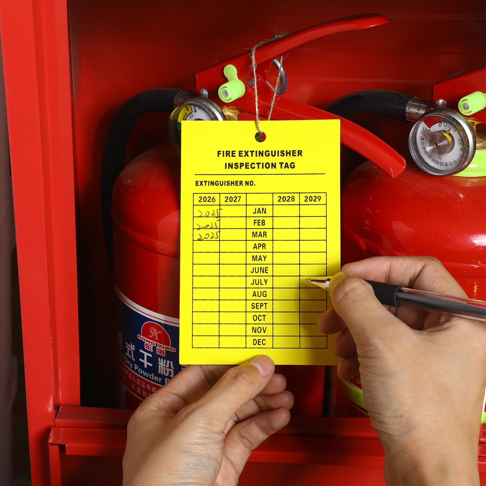 Monthly Fire Extinguisher Inspection Tags Record 4-Year 3.26 x 5 inch, Yellow