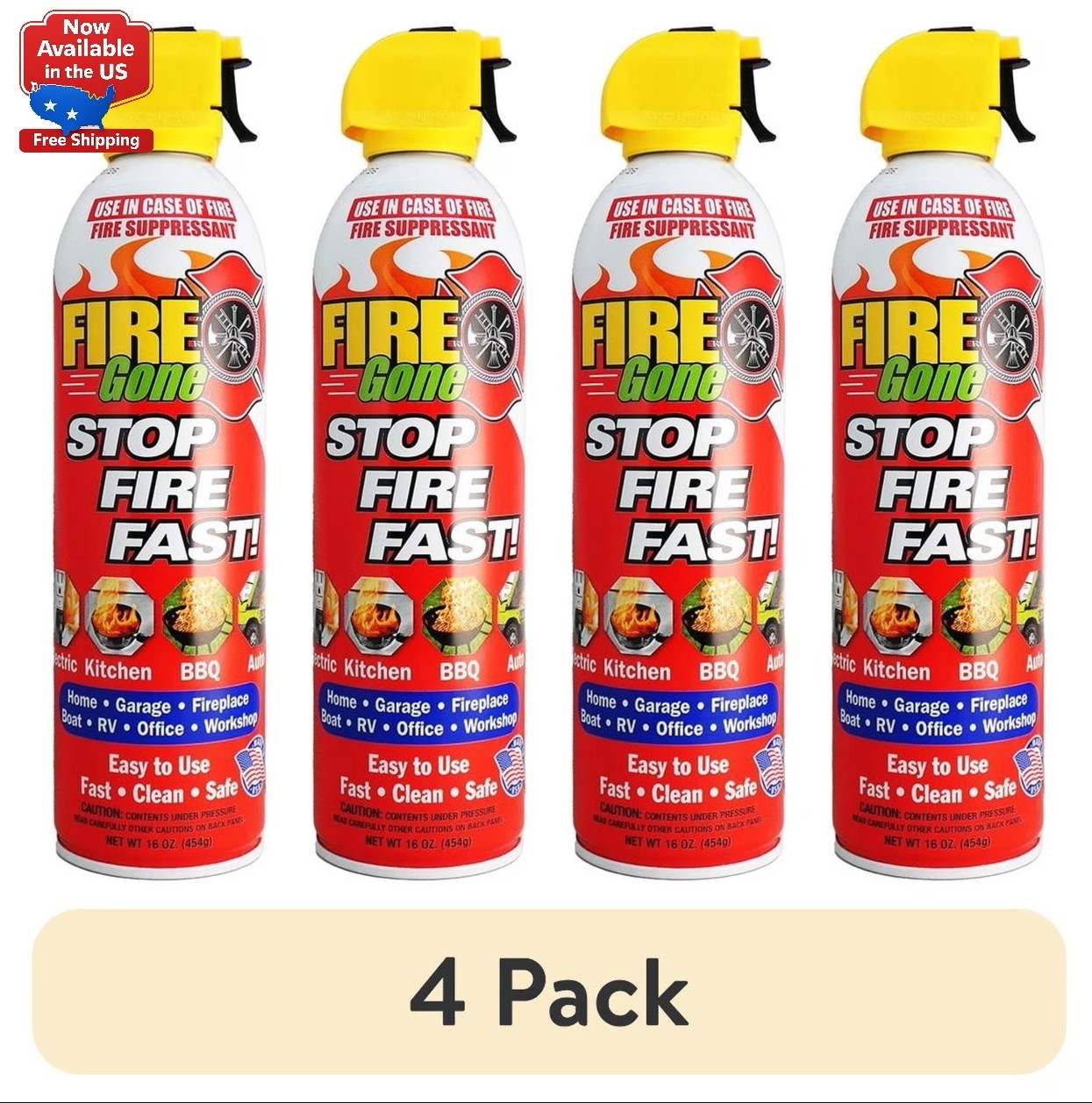 (4 pack) Fire Gone 16 oz Fire Extinguishing Spray – Aerosol Can -FFF-Foaming Age