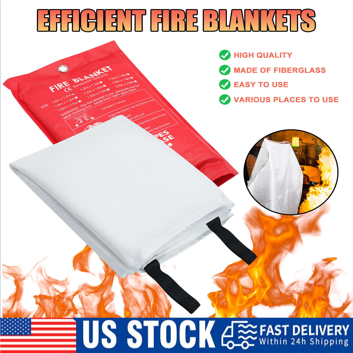4 PACK FIRE BLANKET Fiberglass Hero Emergency Home Retardant Prepared 39”x39”