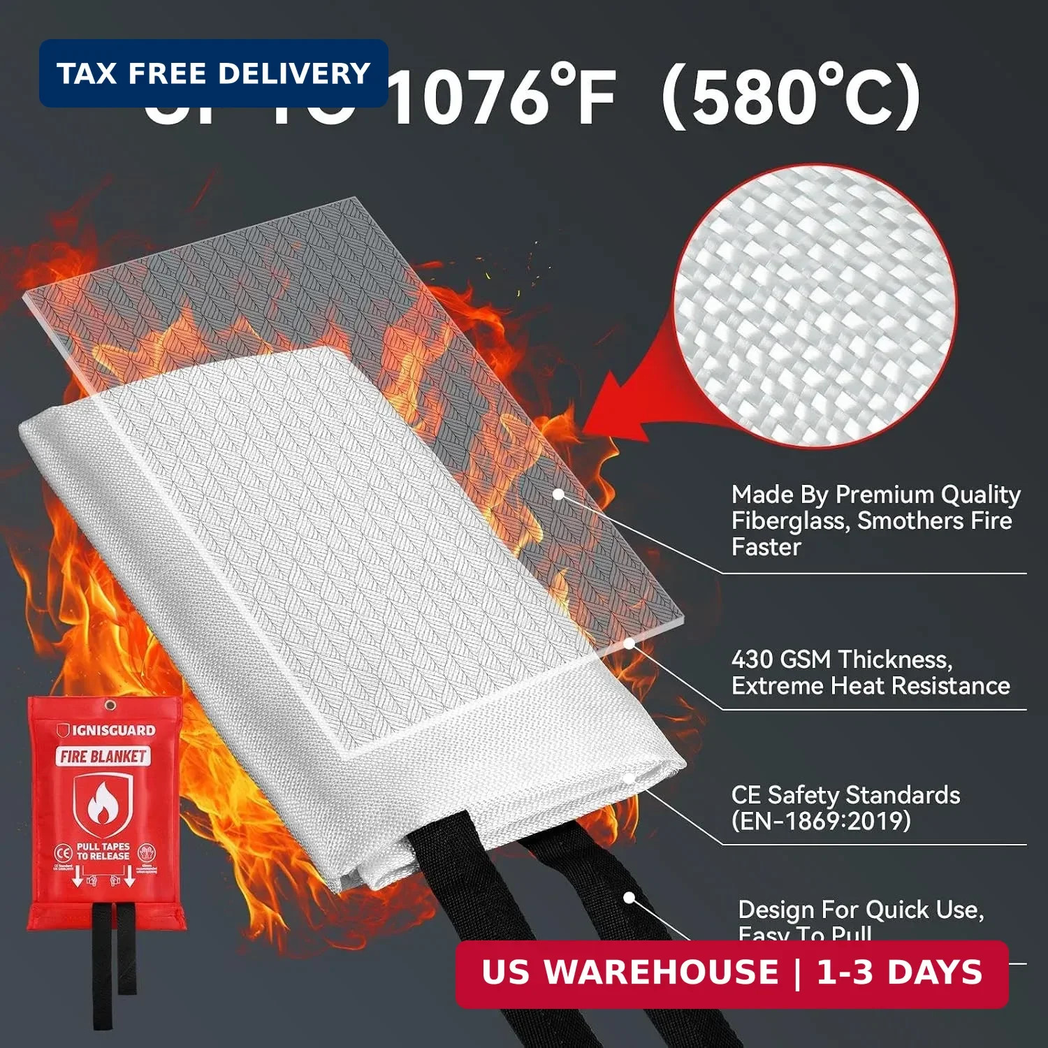 Emergency Fire Blanket for Home and Kitchen, 1-Pack 40″x40″ Fiberglass Fire Supp