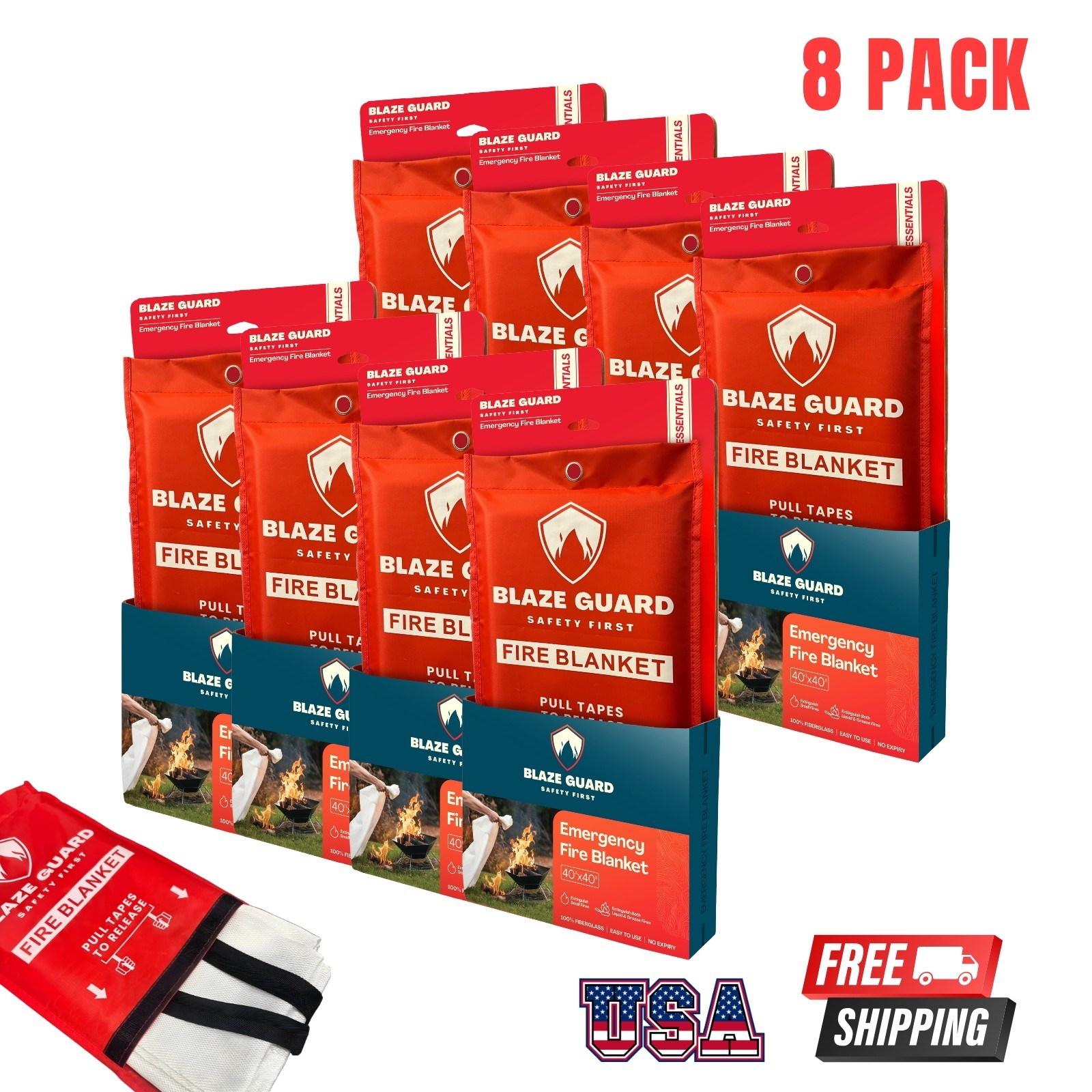 Blaze Guard™ Emergency Fire Blanket 100% Fiberglass 8 Pack Home/Kitchen Safety