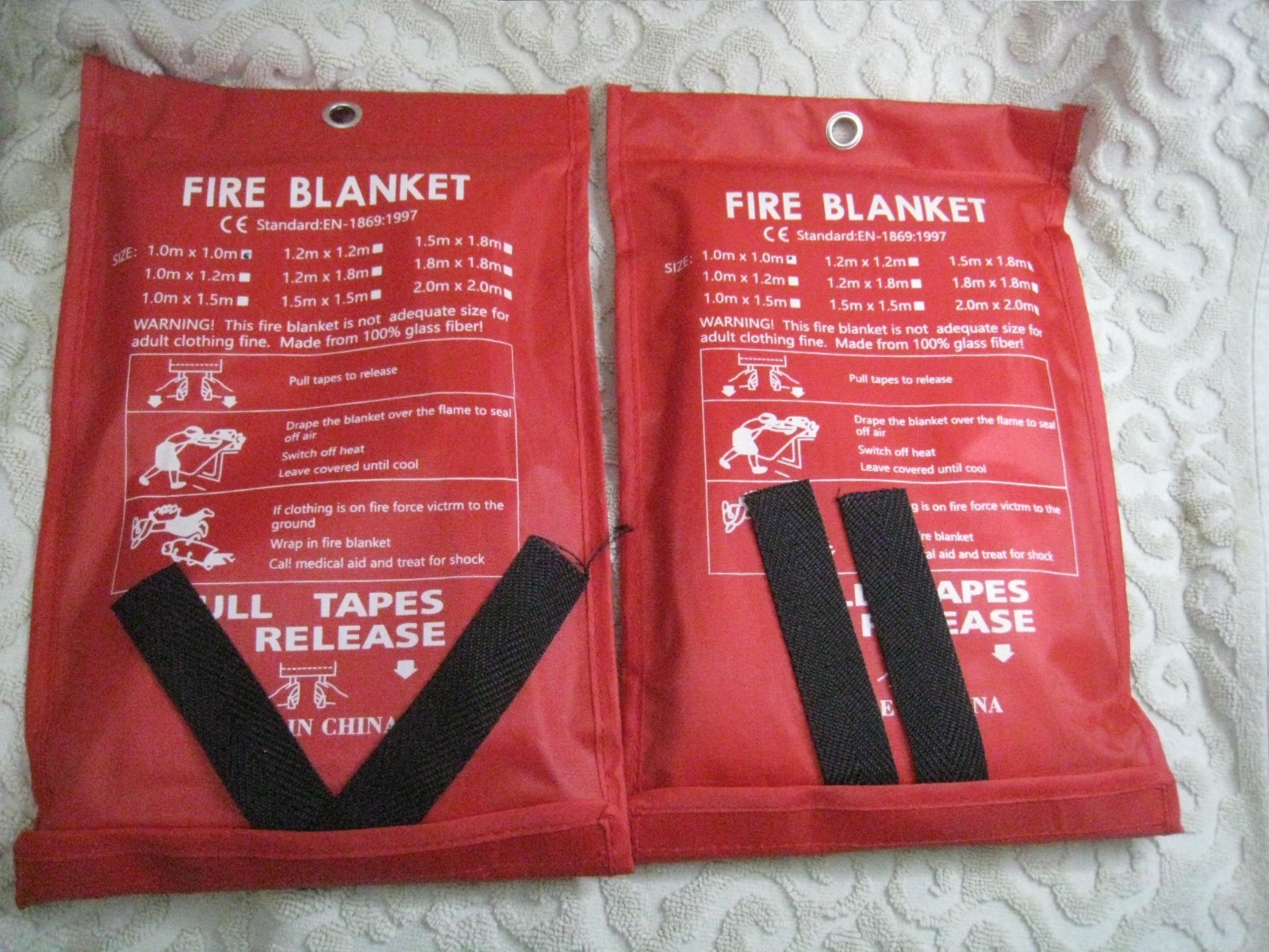 2x Fire Blanket EN-1869 :1997 1.0M x 1.0M 100% glass fiber NEW pull tape release