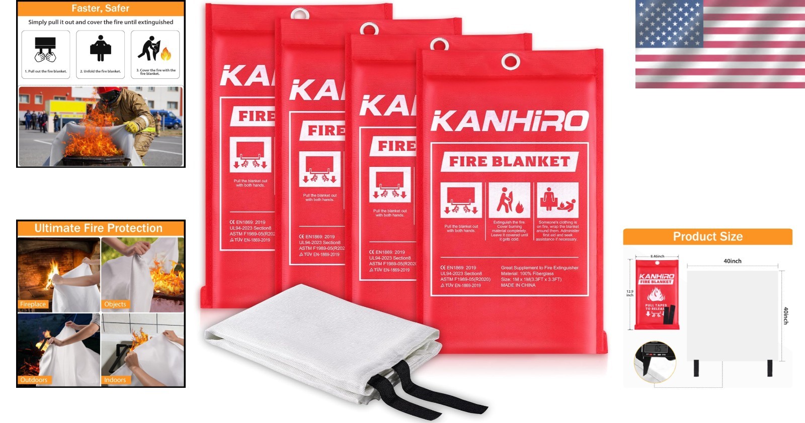 Compact 39.3” Fire Suppression Blankets – 4-Pack for Home & Vehicle Safety