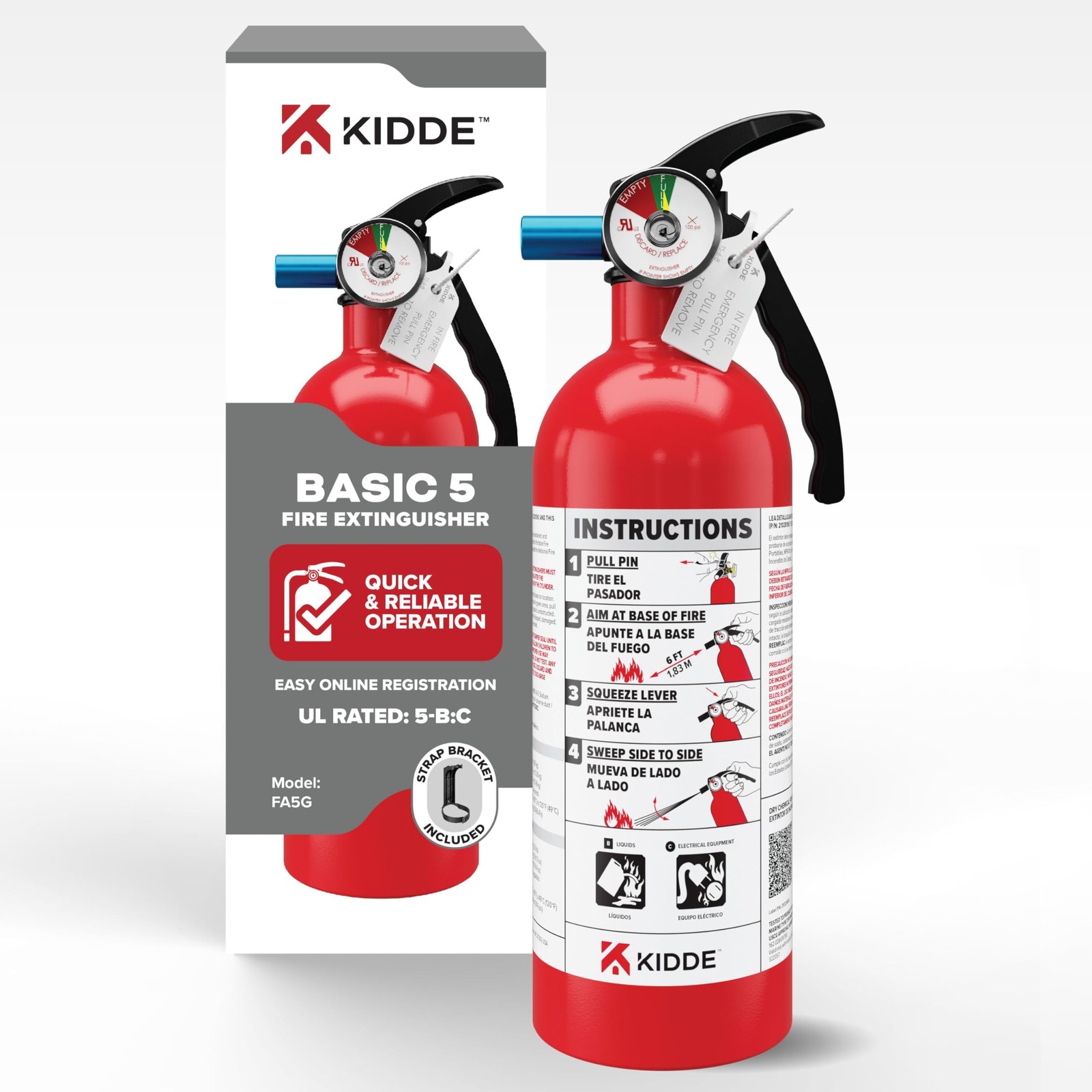 Kidde Basic 5 Fire Extinguisher for Home 5 B C FA5G Residential Fire