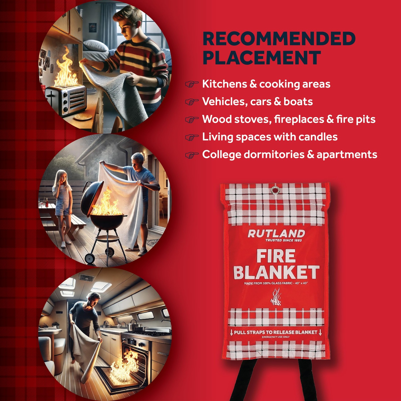Rutland Fire Blanket for Home and Kitchen Emergency – 1 Pack, 40″ x 40″ – Fib…