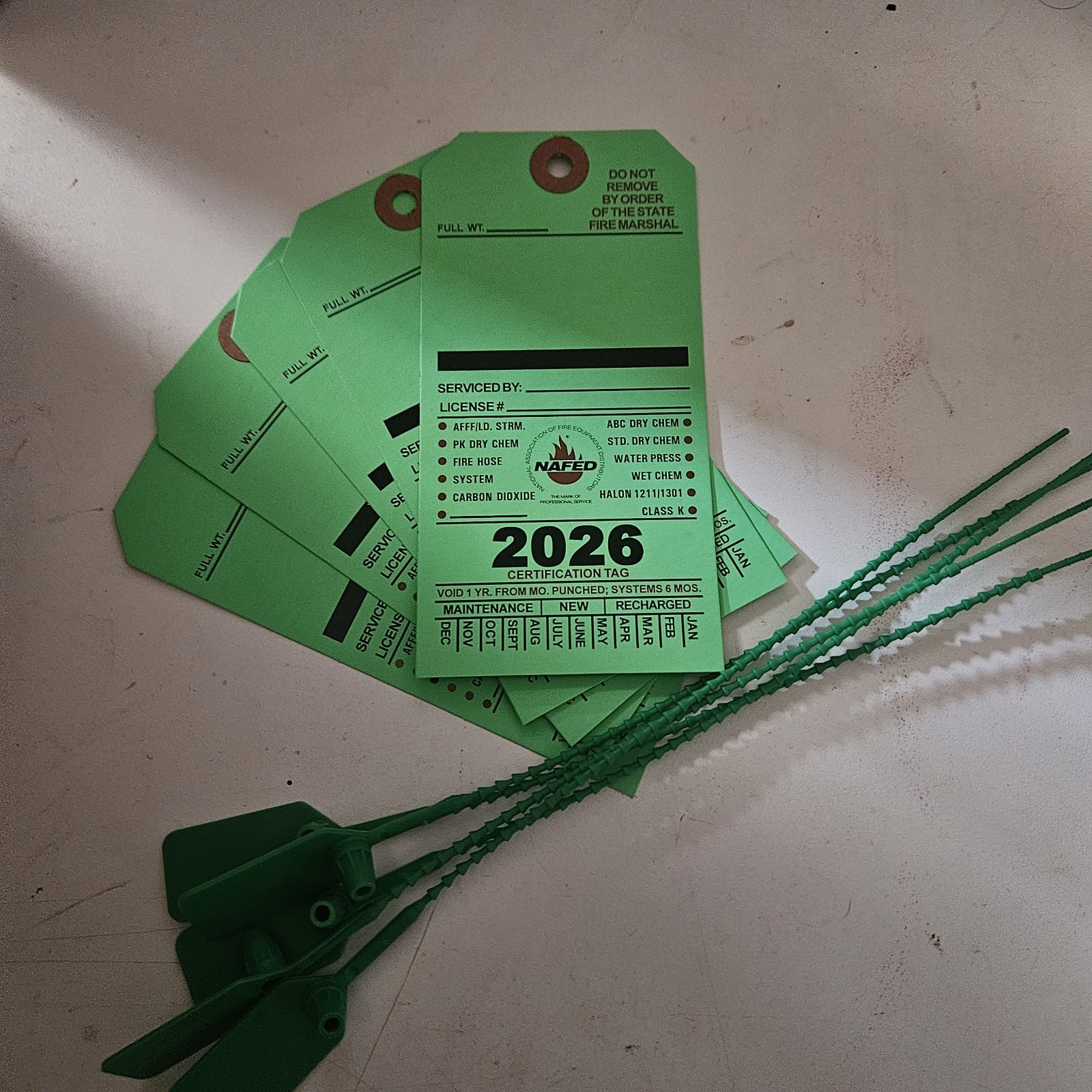 5-2026 Green FIRE INSPECTION Double Sided Tags 5 1/4″ X 2 ½”