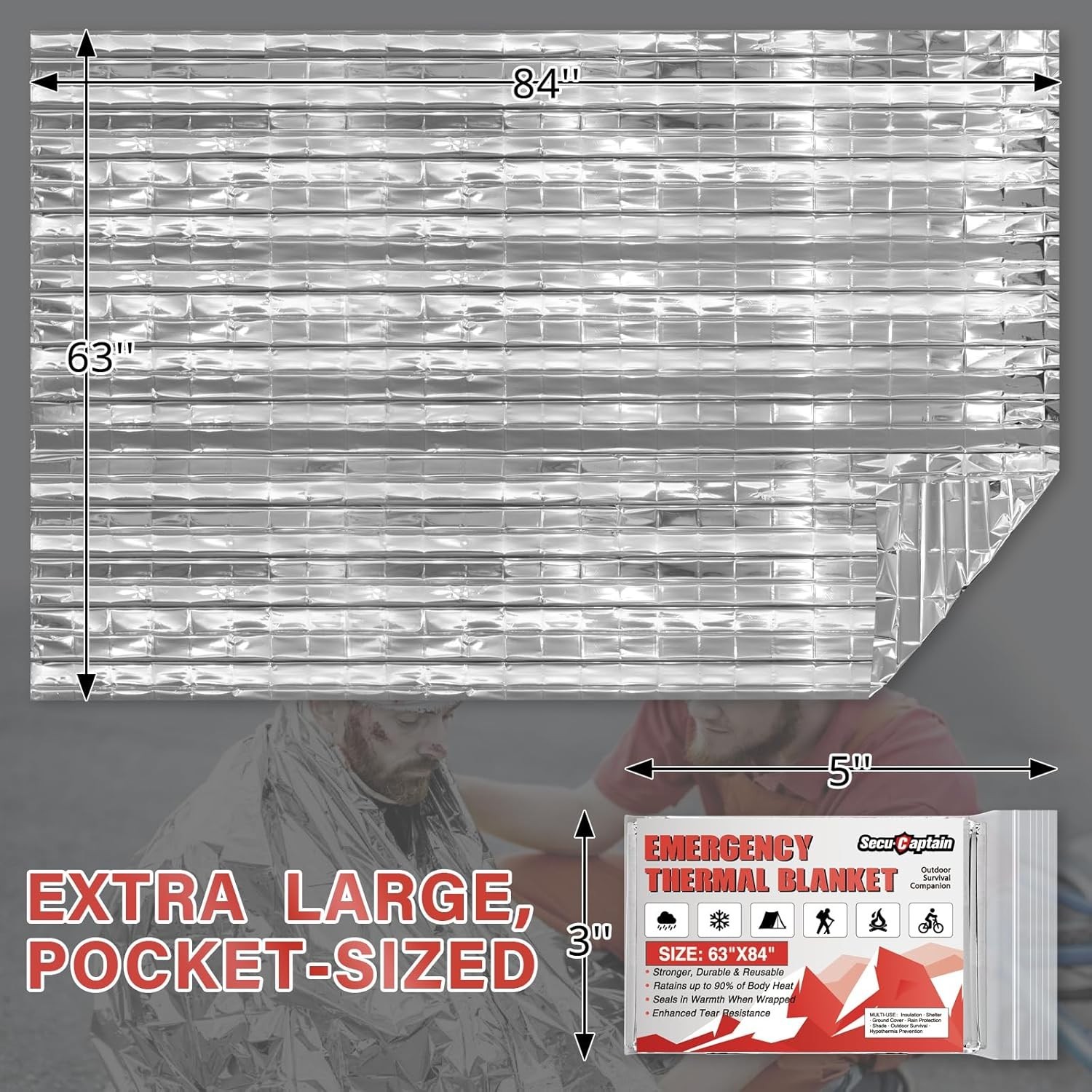 SecuCaptain Survival Emergency Thermal Blankets Extra Large 84” x63” Space My…