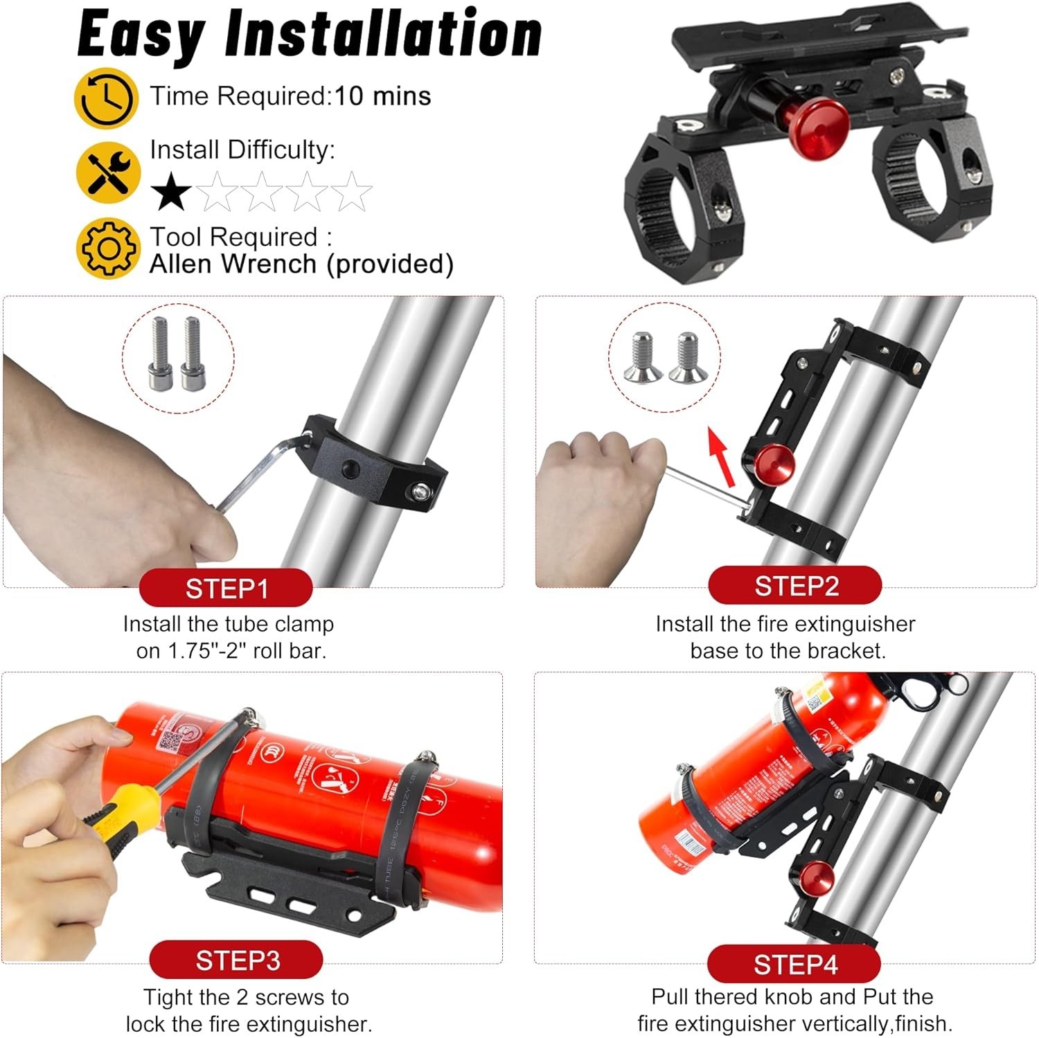 UTV Fire Extinguisher Mount Kit Quick Release Roll Bar Holder 1.75-2″