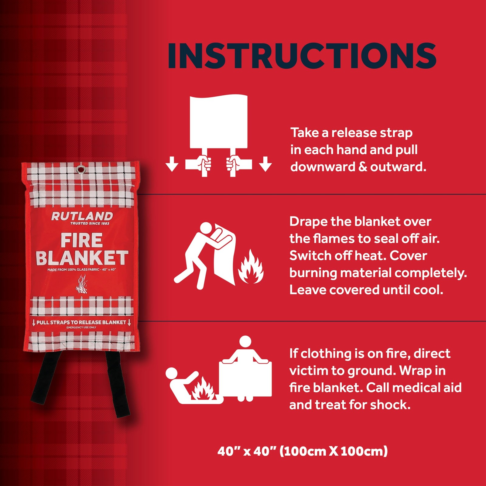Rutland Fire Blanket for Home and Kitchen Emergency – 1 Pack, 40″ x 40″ – Fib…