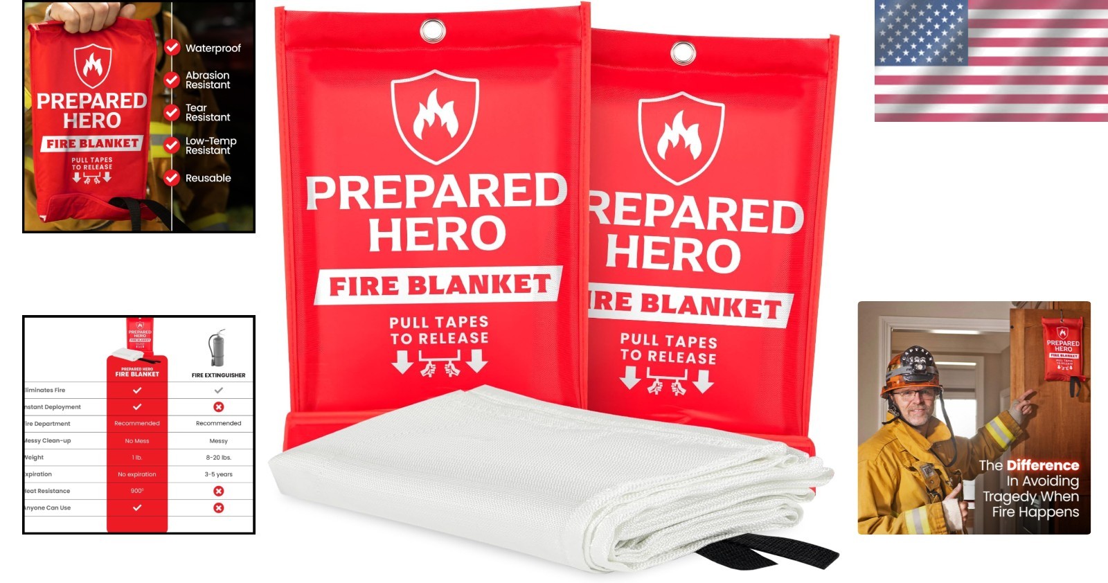 Quick-Deploy Fire Blanket 39” x 39” – Emergency Fire Safety 2 Pack for Families