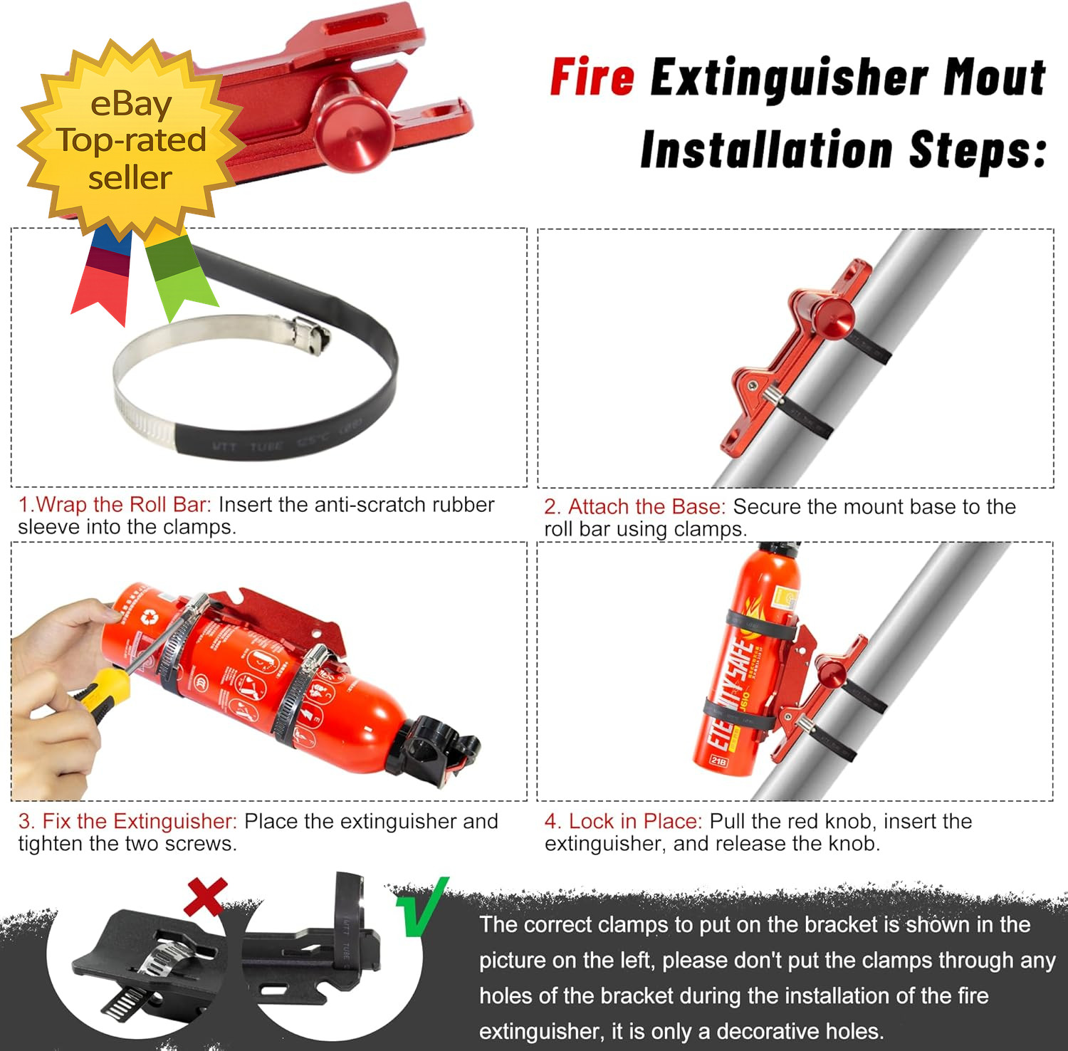 Quick Release Fire Extinguisher Mount – Aluminum Adjustable UTV Roll Bar Fire Ex