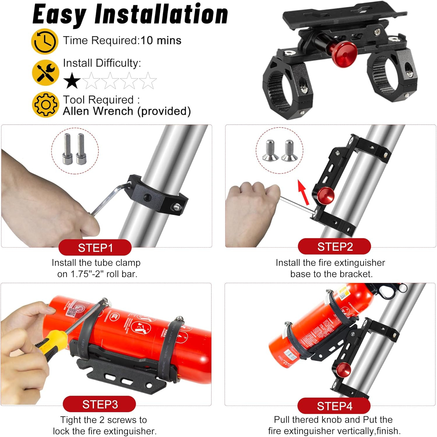 UTV Fire Extinguisher Mount Kit- Quick Release Roll Bar Fire Extinguisher Holder