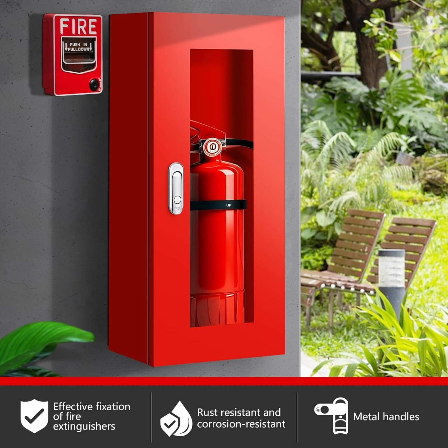 Red Steel Fire Extinguisher Cabinet with Lock & Clear Door, 5-12 lbs