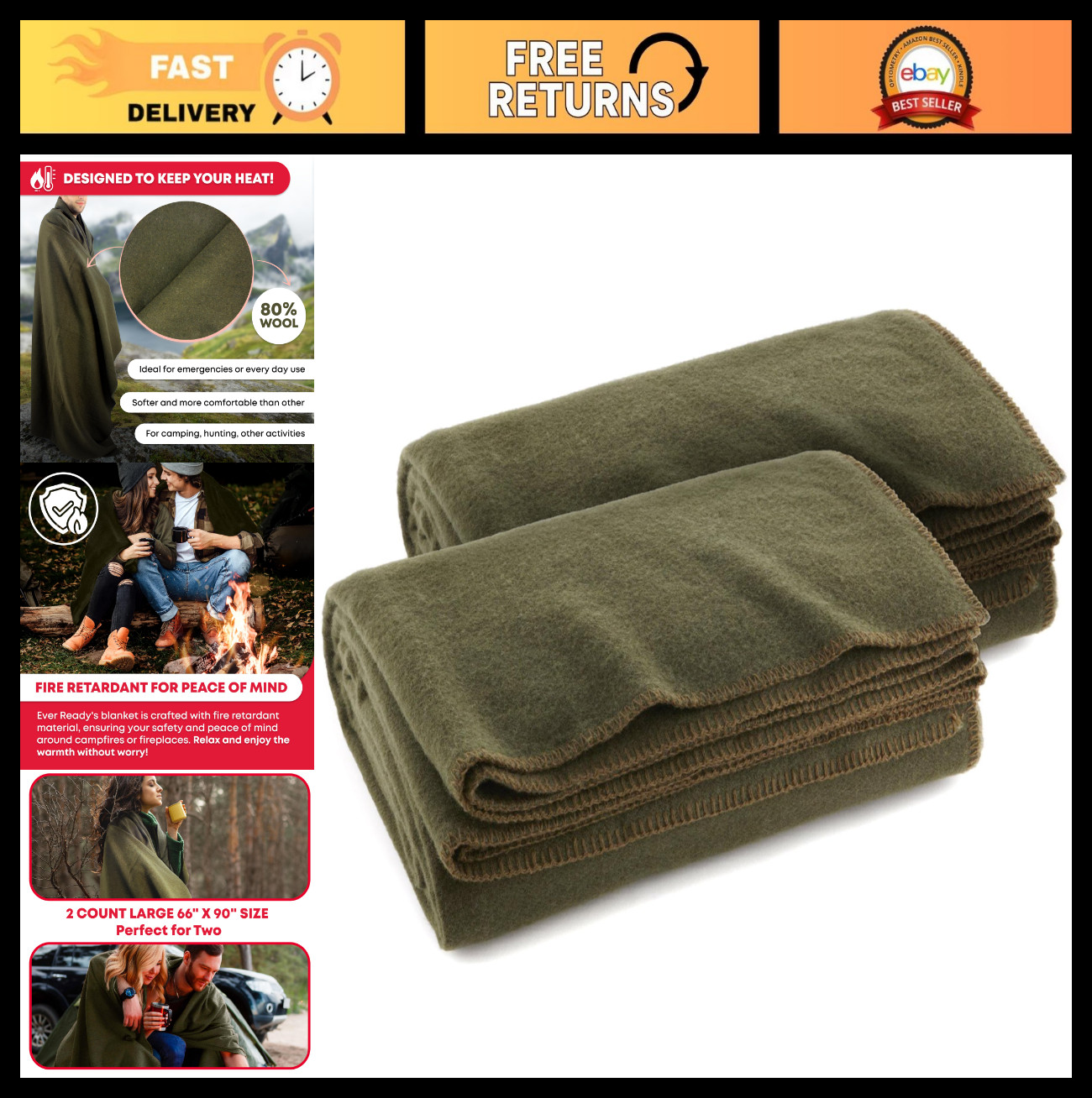 Warm Fire Retardant Survival Blanket 66″x90″ – Heavy-Duty Wool, 2 Pack – Camping