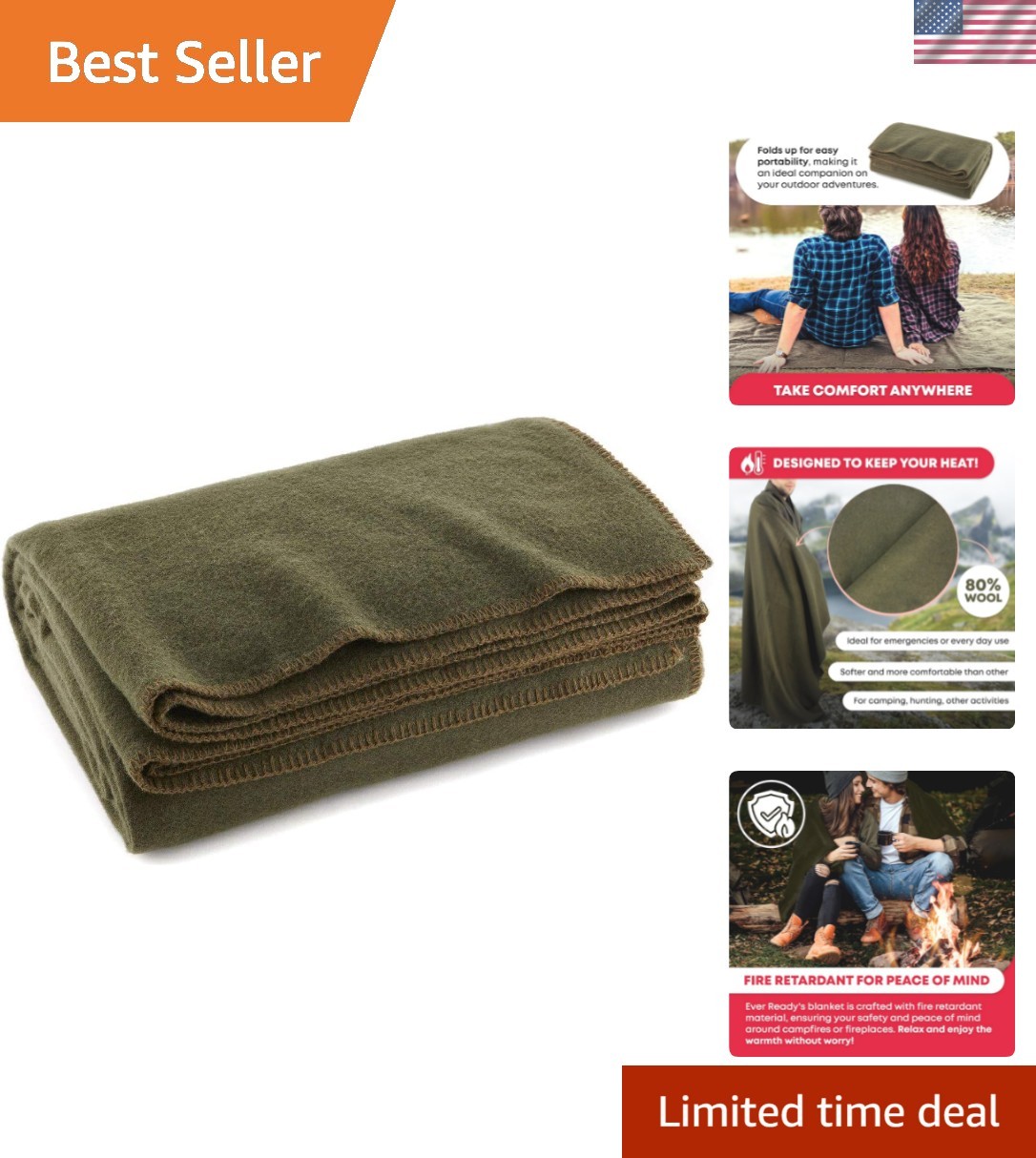 Fire Retardant Olive Drab Green Emergency Blanket – 66″ x 90″ Outdoor Warmth