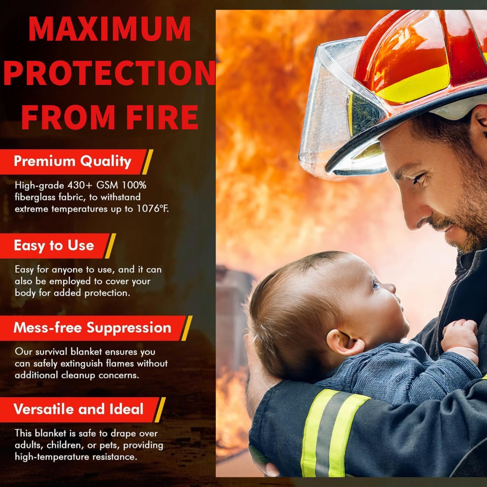 Emergency Fire Blanket W/Hook, For Home & Kitchen, Fire pits, BBQ – 4 Pack