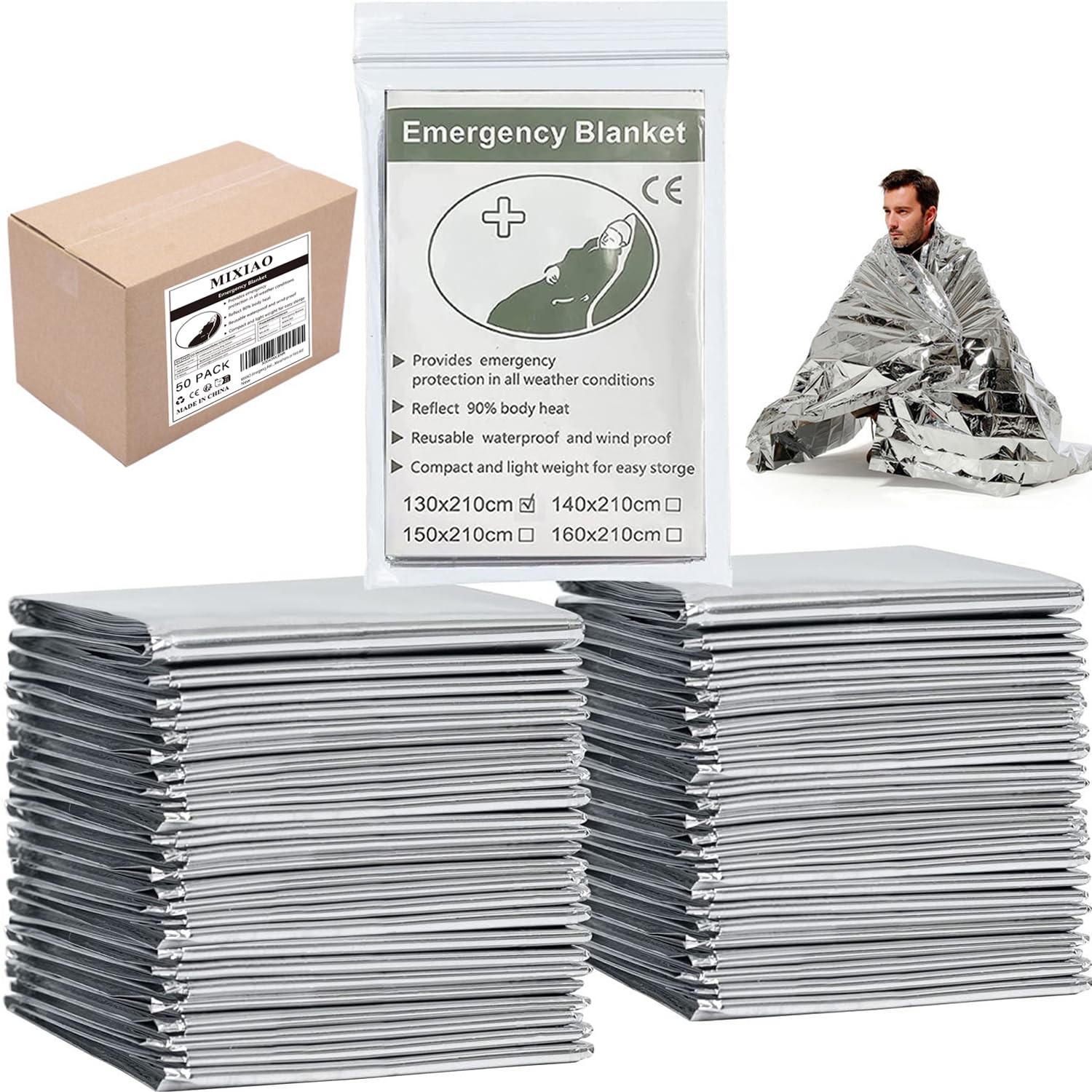 Emergency Foil Blanket (Pack of 50), Survival Thermal Mylar Blankets Individu…