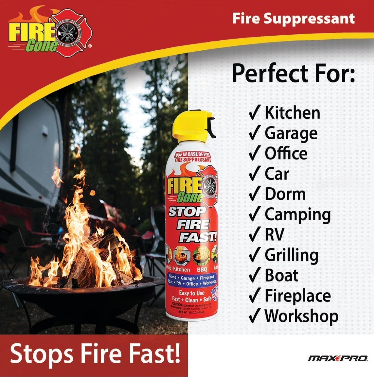 (4 pack) Fire Gone 16 oz Fire Extinguishing Spray – Aerosol Can -FFF-Foaming Age