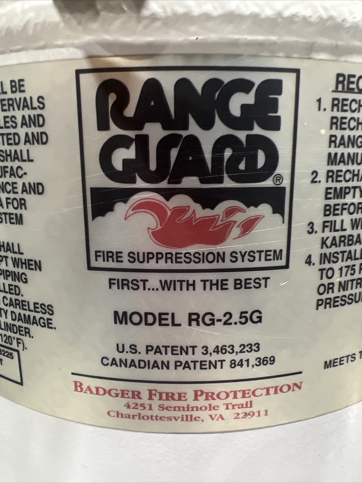 Badger Fire Protection Range Guard Wet Chemical Cylinder Model RG-2.5G. Used