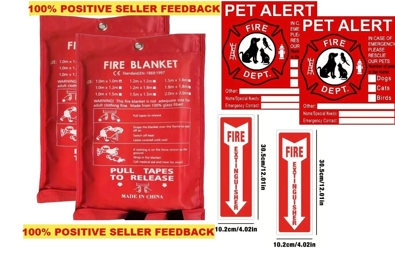 FIRE PREVENTION BUNDLE Fiberglass Fire Blanket Pet Alert & Extinquisher Stickers