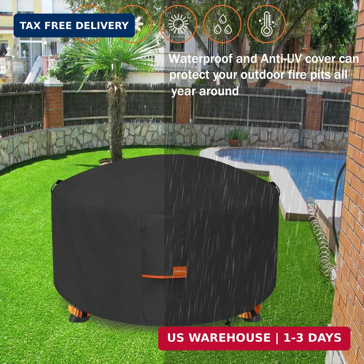 Fire Pit Cover,Outdoor Heavy Duty 600D 100% Waterproof Fire Pit Cover Round,Weat