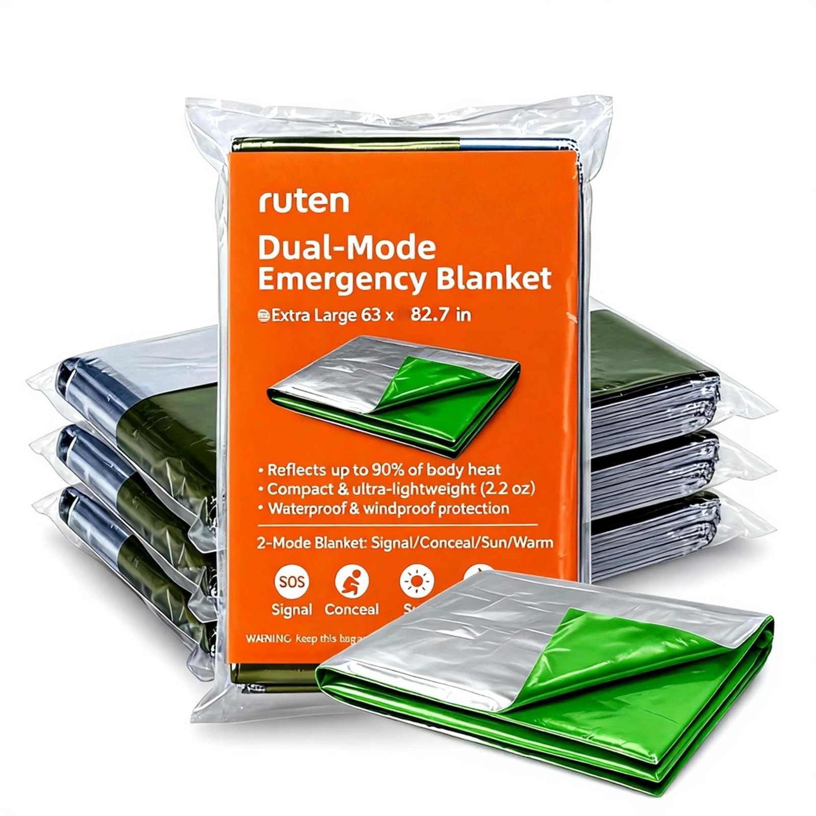Double-Sided Green/Silver Thermal Emergency Blanket (4-Pack) – Extra Large 63…