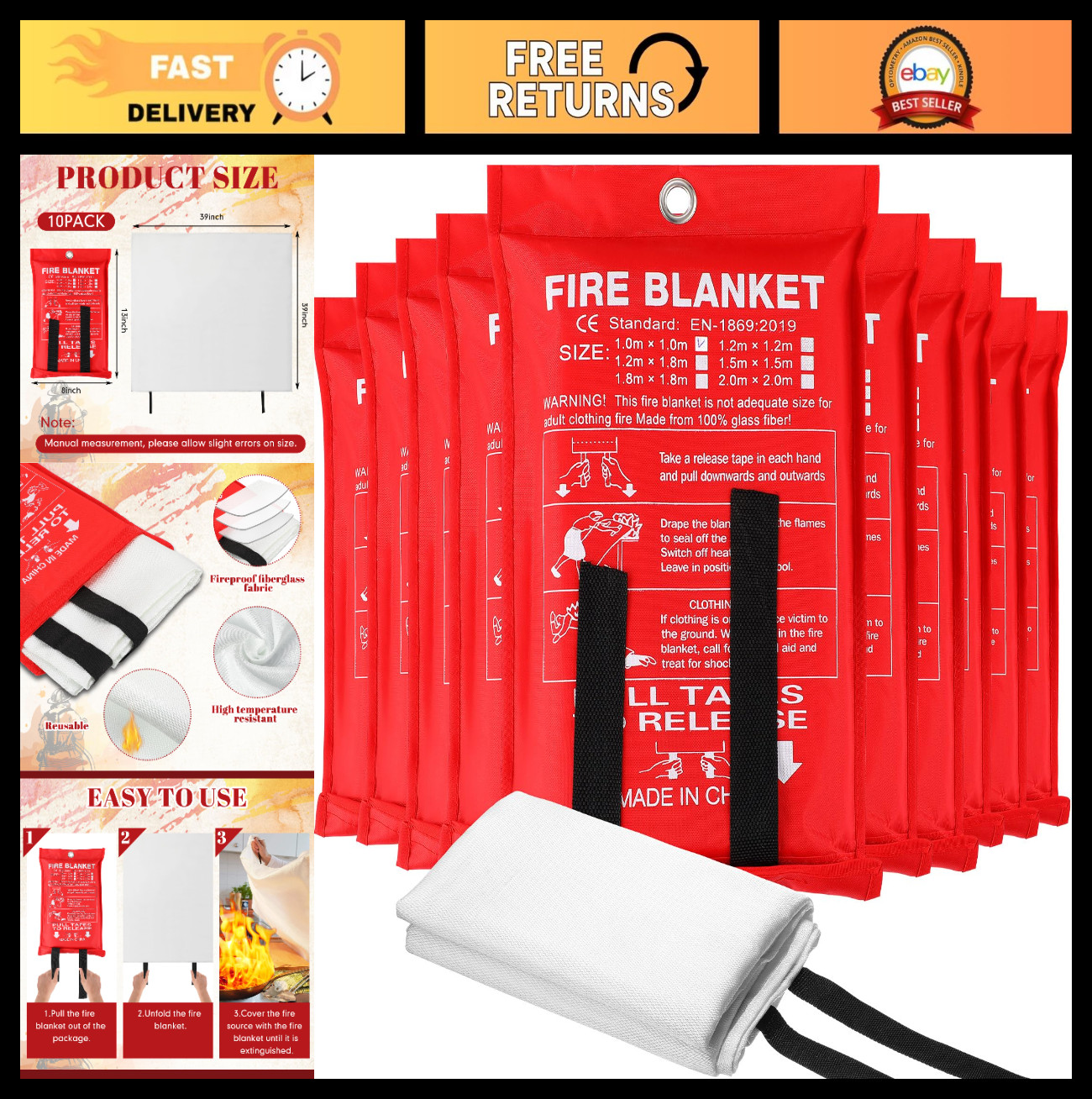 10 Pack Fire Blankets – Emergency Flame Retardant Fiberglass Safety Covers 39″x3