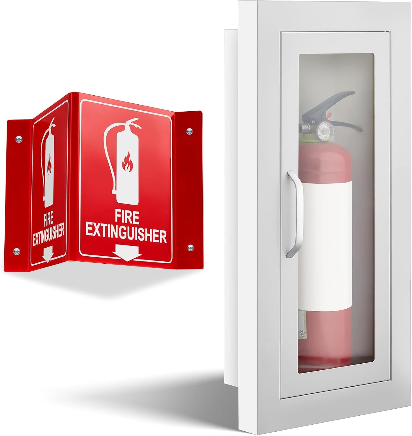 Semi-Recessed Fire Extinguisher Cabinet with Magnetic Door, White Steel Box
