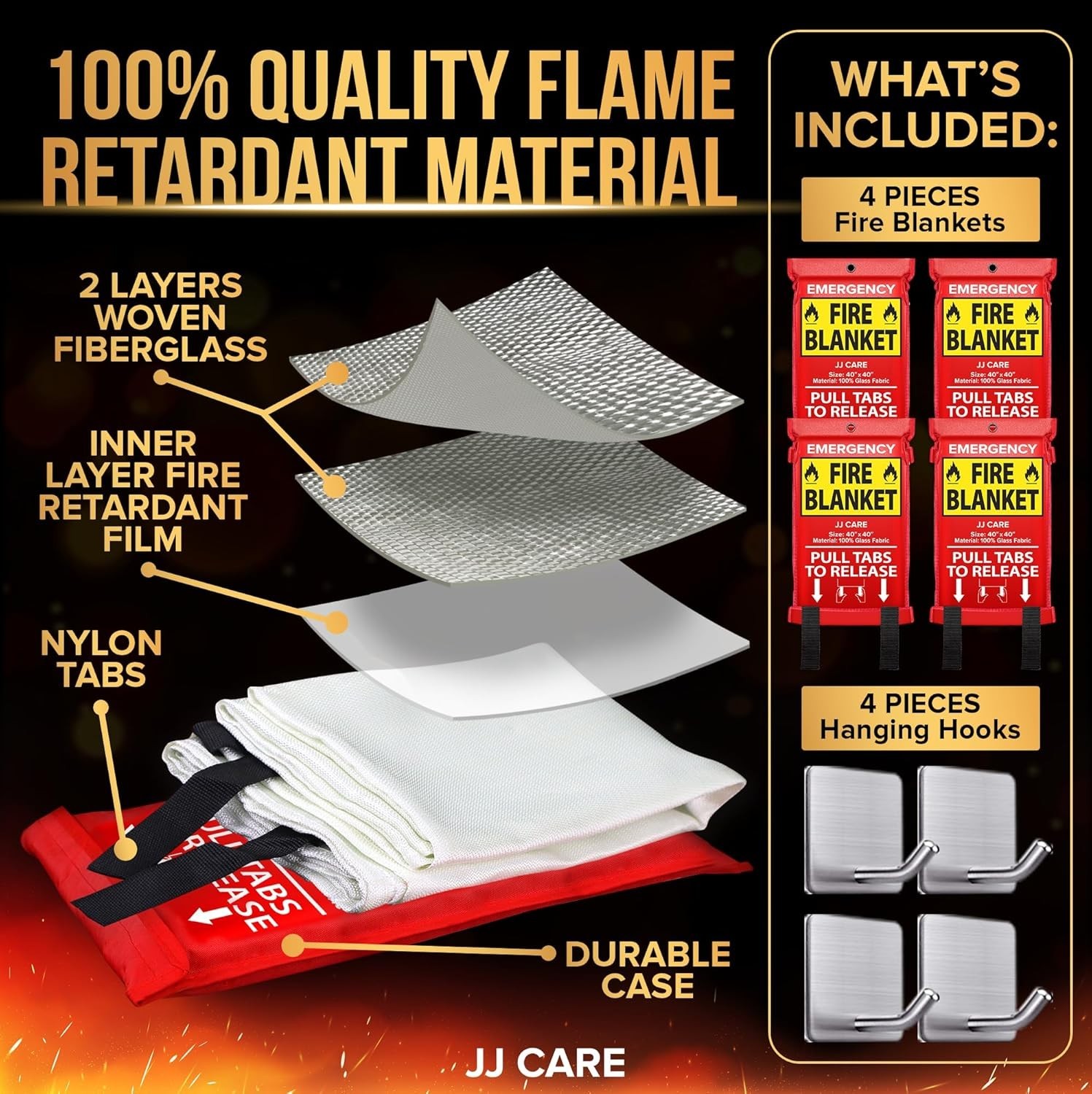 4-Pack Emergency Fire Blanket 40″x40″ with Hooks – Ideal Home & Kitchen Safety