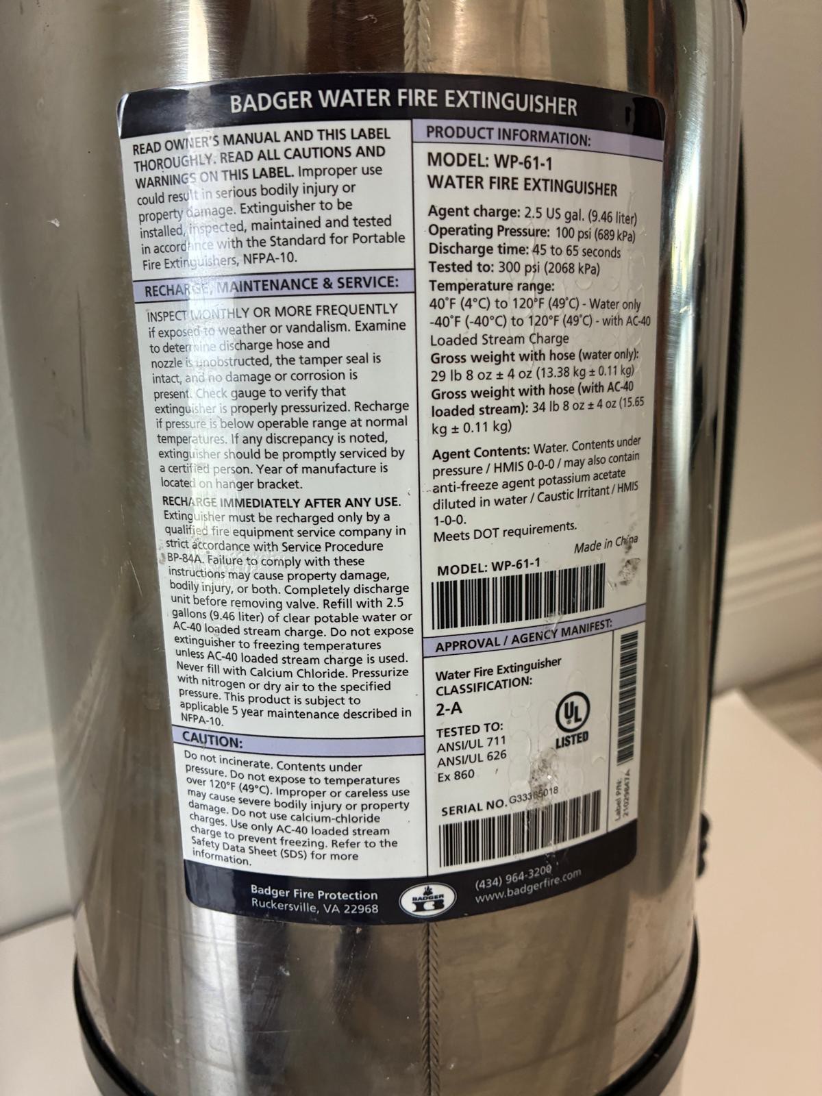 Badger WP-61-1 2.5 Gallons Class 2-A Water Fire Extinguisher