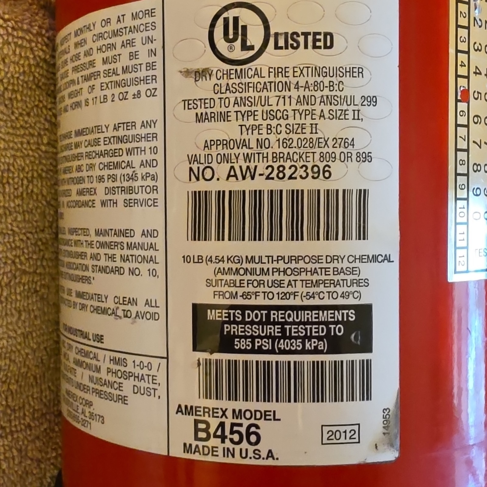 Amerex B456 10 lb ABC Dry Chemical Fire Extinguisher UL Listed Exp 2012