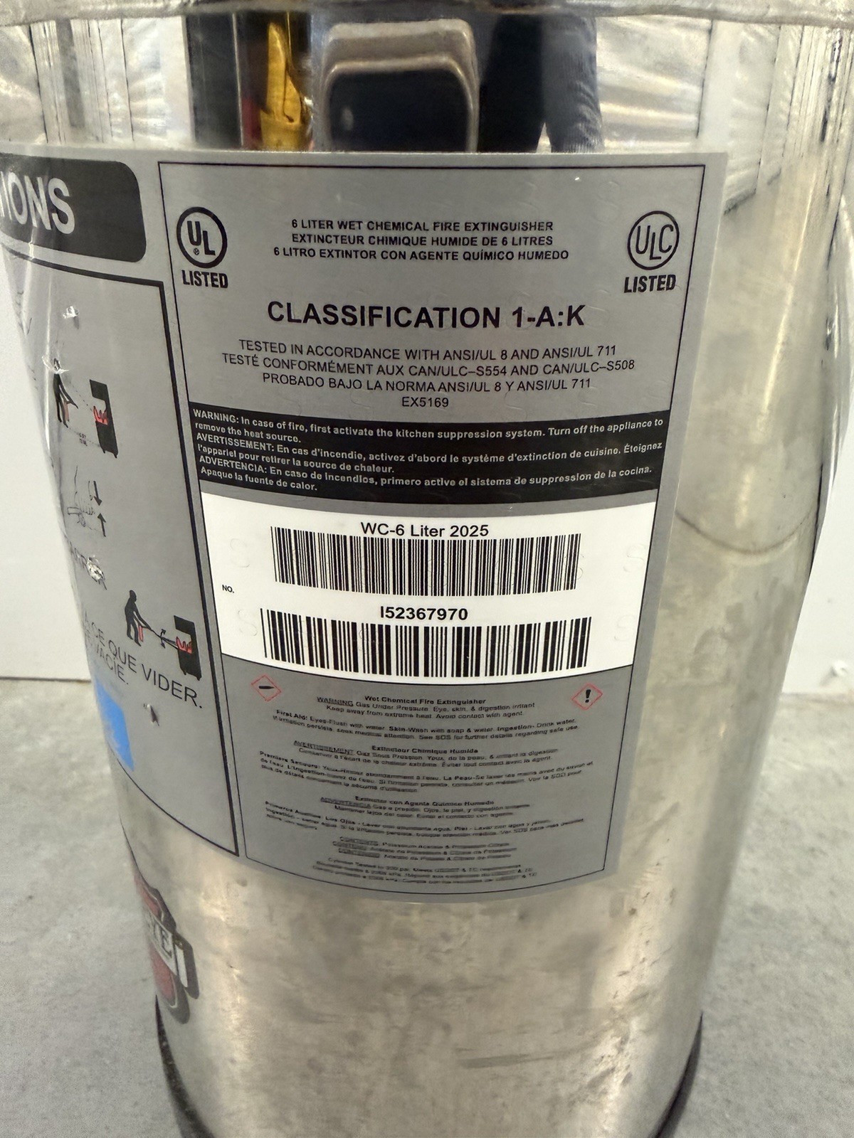 Model WC-6L Buckeye Fire Extinguisher Inspected Just Over 1 Year Ago