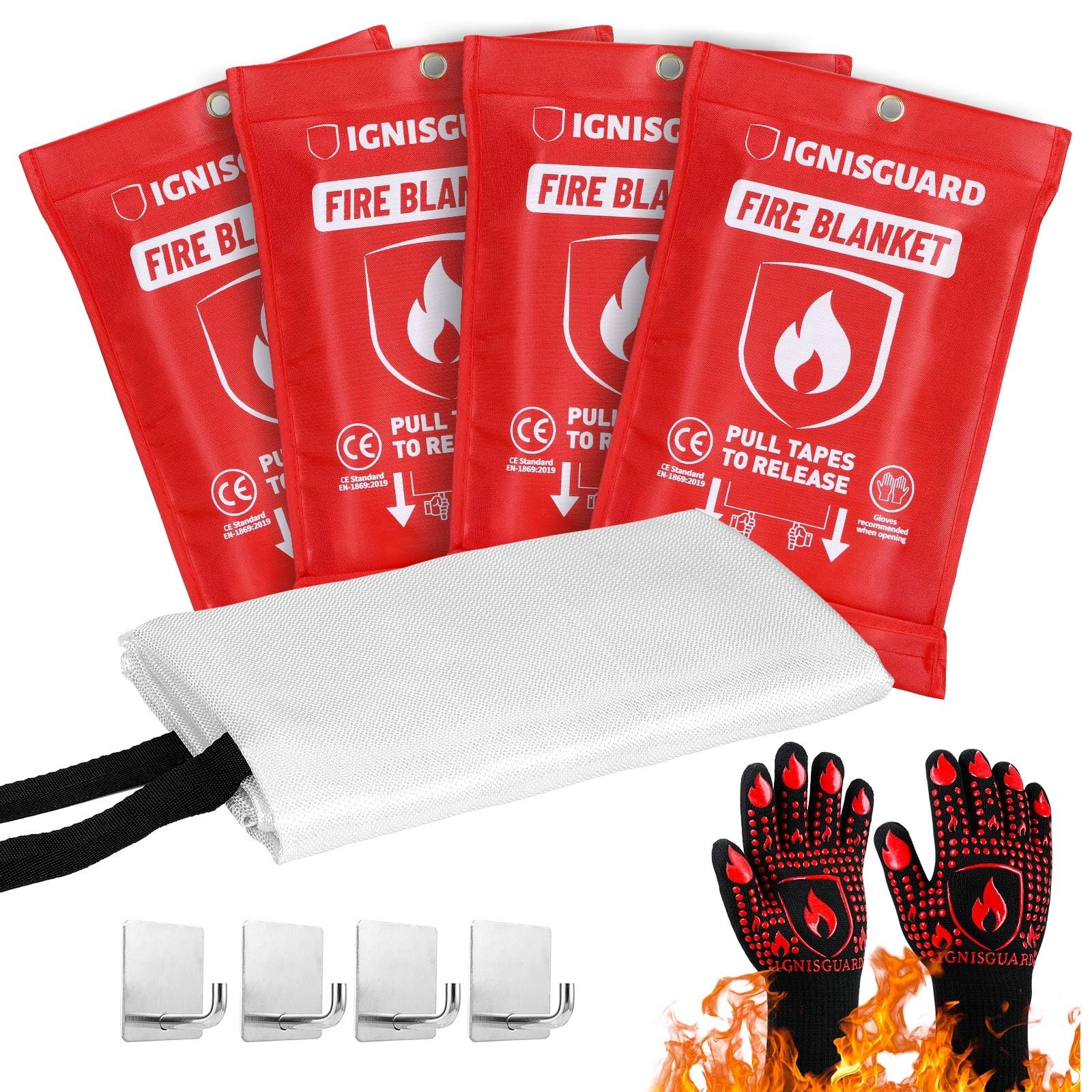 Fire Blankets 4 Pack, 40x40in with 1 Pair Fire Resistant Gloves & 4 Hooks, Fi…