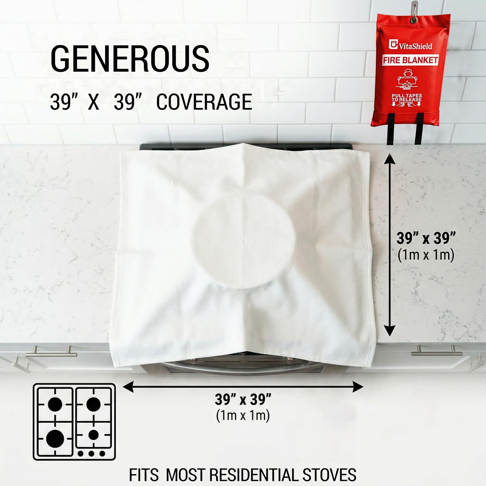 Emergency Fire Blanket for Kitchen Grease Fire, 39x39in, Easy Pull Tabs for Q…