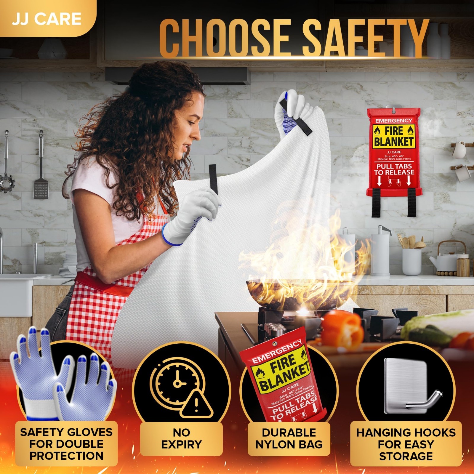 Fire Blanket 7 Pack with Hooks & Gloves – 40″x40″ Emergency Heat Resistant Safet