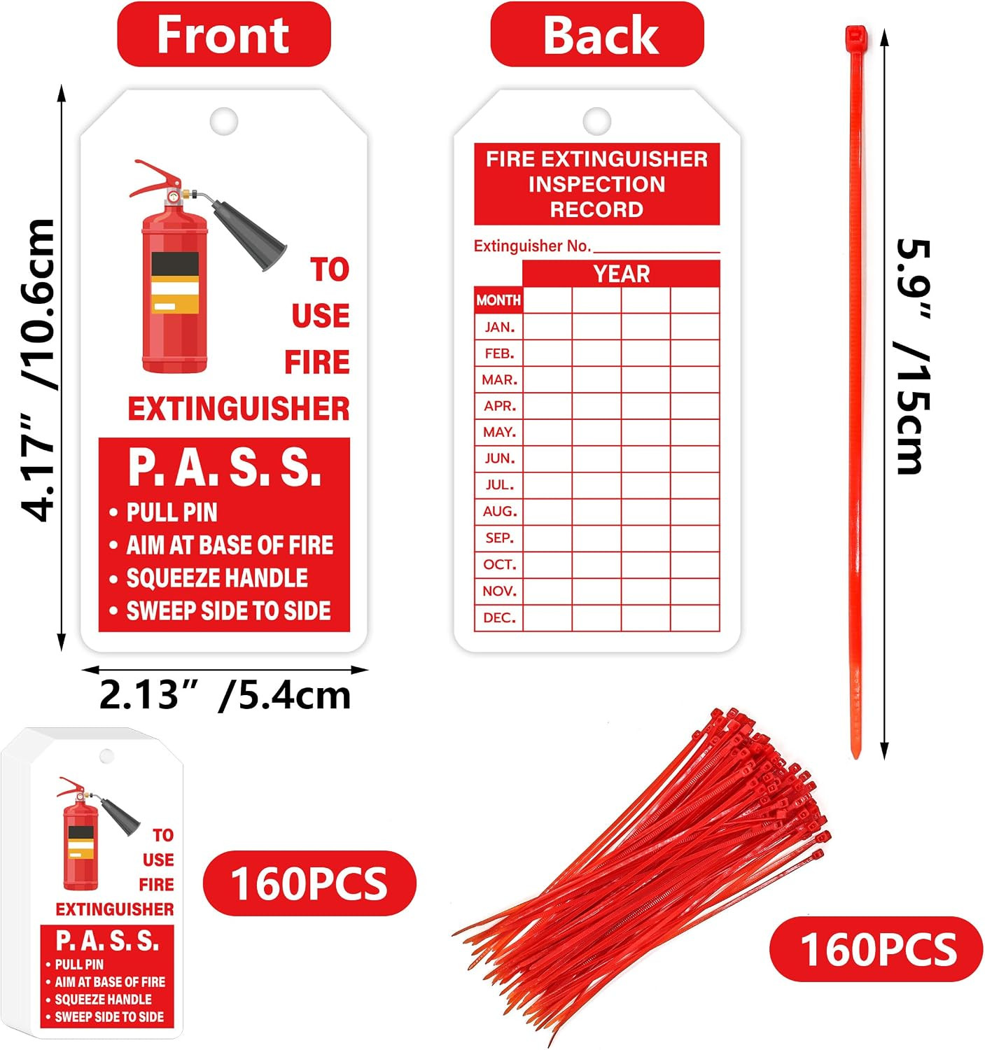 160 Sets Fire Extinguisher Tags with Adjustable Wire Ties Monthly Inspection Rec