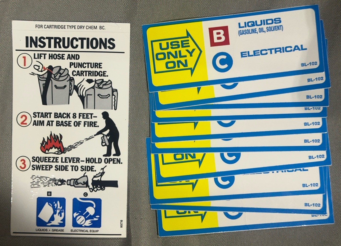 NOS Lot Of Fire Extinguisher Labels. 10 – BL102 & 1 – BL208